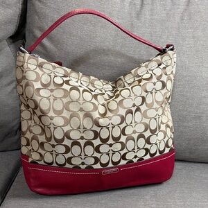 Coach Signature Canvas Hobo with Red Trim and Tan Monogram